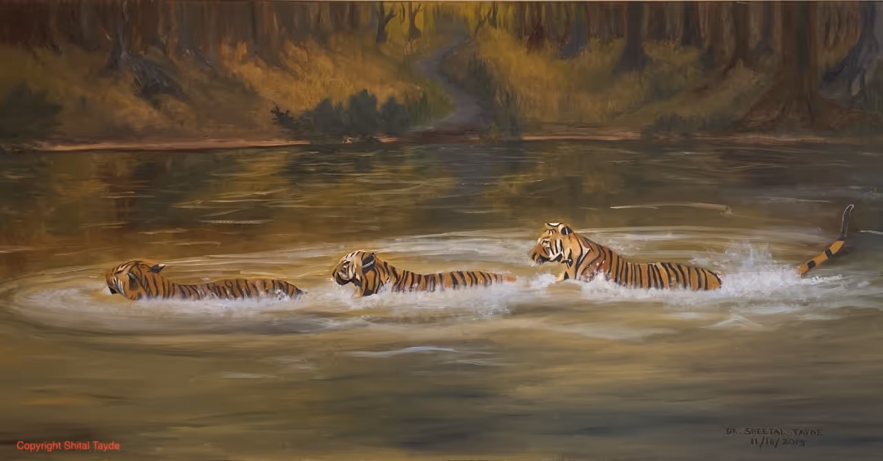 Splashing Tigers painting by Shital Tayde